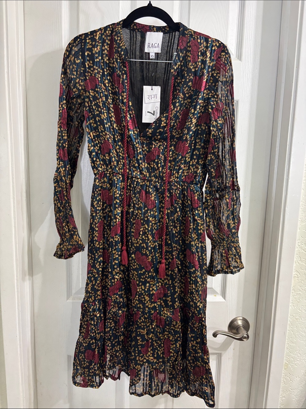 RAGA Black Midi Dress with Burgundy and Mustard Floral Print